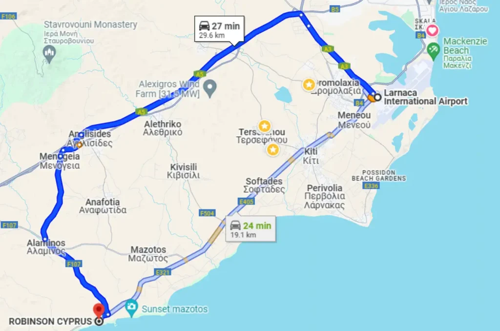 Taxi from Airport LCA to Robinson hotel Price in Cyprus