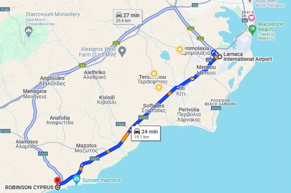 Taxi from Airport LCA to Robinson hotel Price in Cyprus